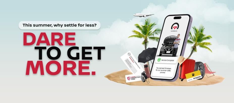 Nissan summer promo image with the slogan "Dare to Get More," showing a phone, beach items, and raffle prizes.