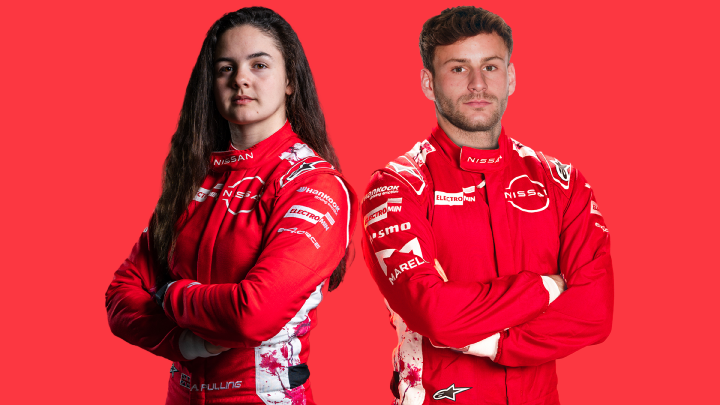Landscape image of Nissan Formula E Team Rookie and Simulator Driver Abbi Pulling and Victor Martins both in red Nissan Formula E Team race suits with their arms crossed in front of a red background.