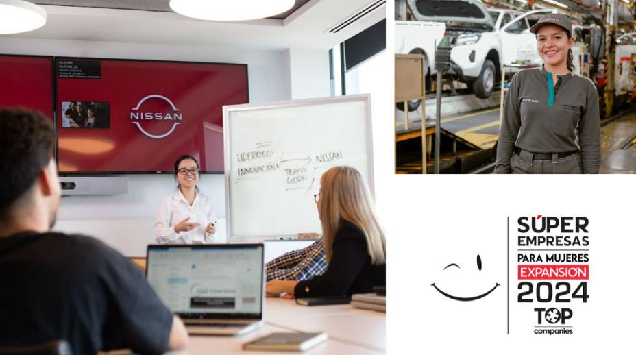 Del lado derecho una sala de juntas con una mujer llevando la reunión, escribiendo en el pizarrón al fondo las pantallas con logo Nissan en la mesa se ven 3 personas. Del lado derecho arriba una mujer de manufactura con uniforme, al fondo la línea de producción. Abajo lado derecho logo de super empresas para mujeres Expansión 2024 Top.