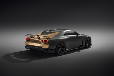 A concept art of the rear passenger side angle view of the Nissan GT-R50