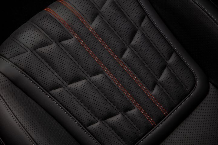 Close up of the quilted detailing on the black leather seats inside the 2025 Nissan Armada Pro4X.