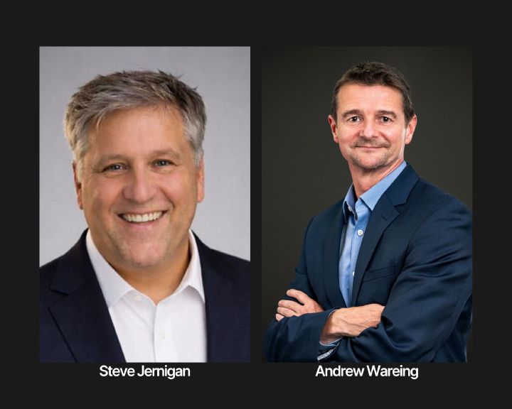 A collage of two executive headshots, both executives are smiling.