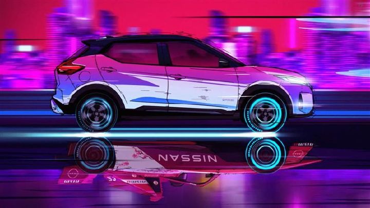 An animated photo of Nissan Kicks e‑POWER and Formula E racing car on a reflective surface