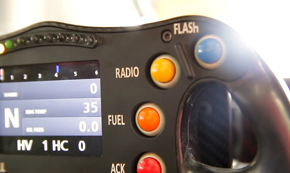 Close up of a steering wheel with colorful buttons