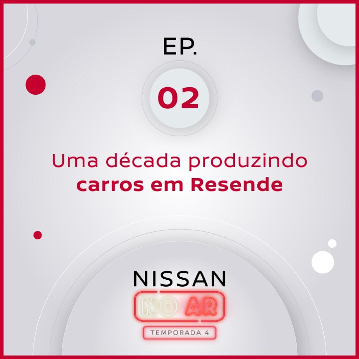 Imagem de computador com logotipo do podcast e título do episódio. Fundo branco, com detalhes discretos em vermelho