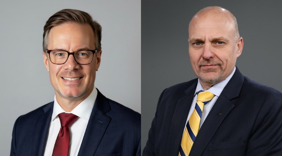 A collage of two male executives posing from the chest up and smiling.