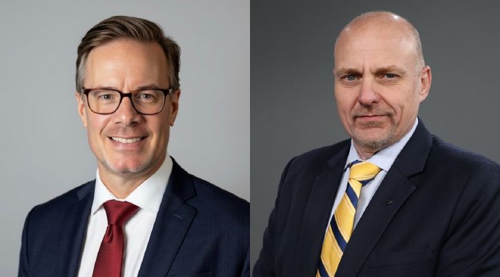 A collage of two male executives posing from the chest up and smiling.