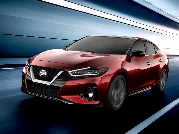 An artistic rendering of a red 2019 Nissan Maxima