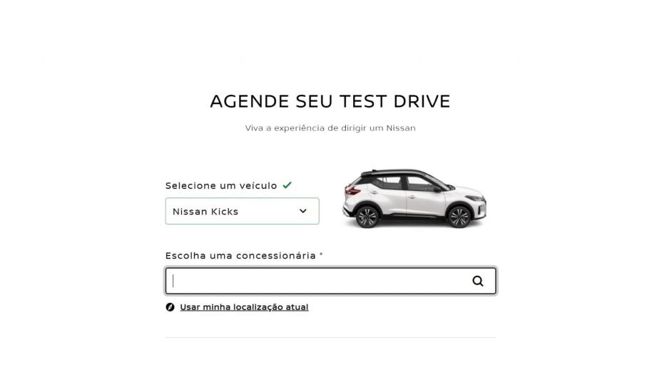 Capa do site de agendamento, com foto do modelo selecionado, onde se lê "Agende seu test drive"