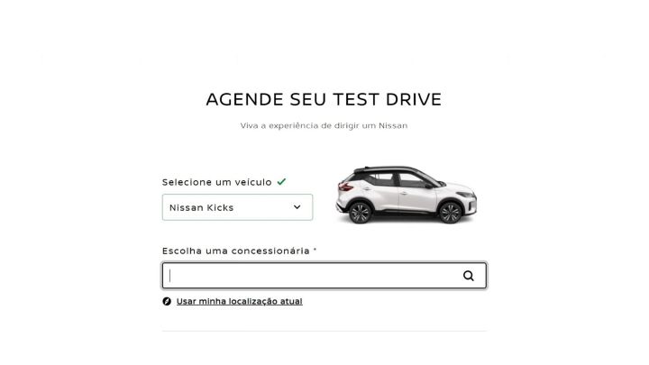 Capa do site de agendamento, com foto do modelo selecionado, onde se lê "Agende seu test drive"