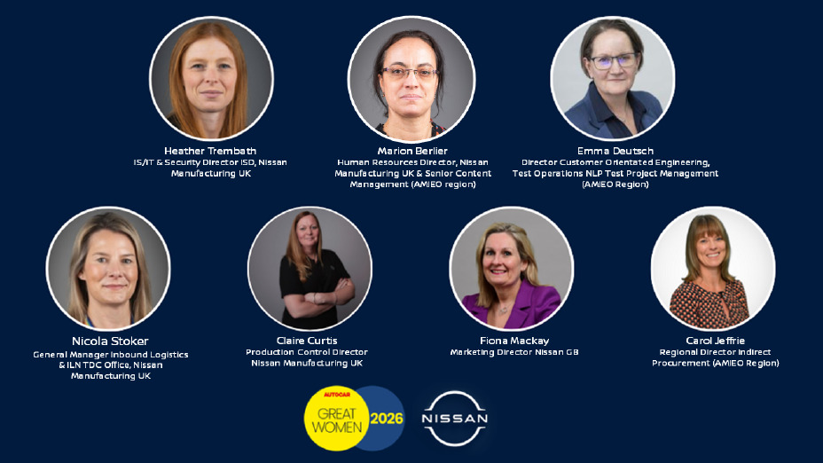 Graphic featuring seven individuals recognised for the AutoCar 2026 Great Women Awards. The individuals are Heather Trembath, Marion Berlier, Emma Deutsch, Nicola Stoker, Claire Curtis, Fiona Mackay and Carol Jeffrie, all holding senior leadership roles within Nissan Manufacturing UK, Nissan GB and Nissan Technical Centre Europe.