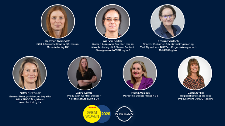 Graphic featuring seven individuals recognised for the AutoCar 2026 Great Women Awards. The individuals are Heather Trembath, Marion Berlier, Emma Deutsch, Nicola Stoker, Claire Curtis, Fiona Mackay and Carol Jeffrie, all holding senior leadership roles within Nissan Manufacturing UK, Nissan GB and Nissan Technical Centre Europe.