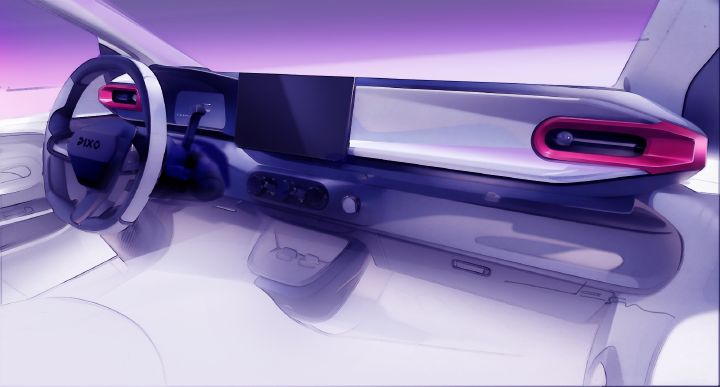 Concept-car interior rendering showing driver cockpit and dashboard design. Purple-and-white cabin features polygonal steering wheel, compact digital instrument display, large central touchscreen, sculpted controls, and elongated magenta-trimmed passenger-side panel.