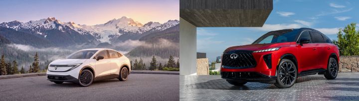 Collage of the 2027 Nissan LEAF S and the 2027 INFINITI QX65 models shown outdoors.