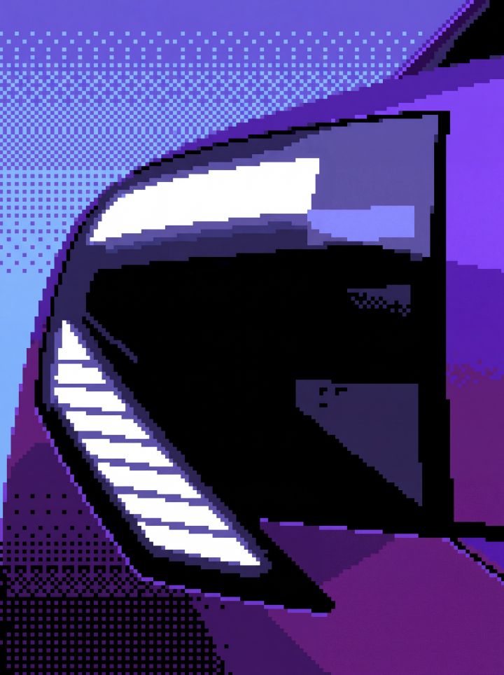 Pixel-art illustration shows close-up front corner of a futuristic purple vehicle, emphasizing angular bodywork, dark windshield, and bright white segmented headlight. Blue-purple halftone background and high-contrast geometric shading create a retro cyberpunk aesthetic.