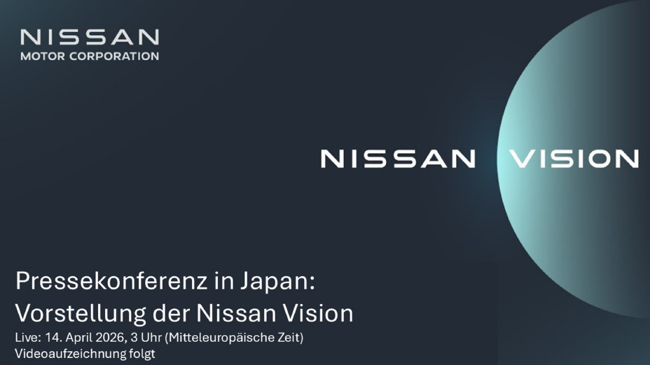 Auf blauem Hintergrund steht der Texthinweis auf die Nissan Vision Pressekonferenz im April 2026