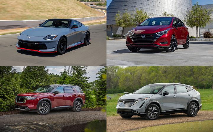 A collage of Nissan cars, a gray Z, a red Versa, a red Pathfinder, and a gray Ariya, all are tilted to the left.