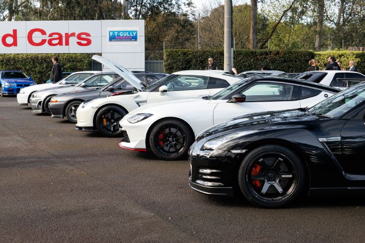 A line of GT‑R and Z performance cars parked on display outside Ferntree Gully Nissan.