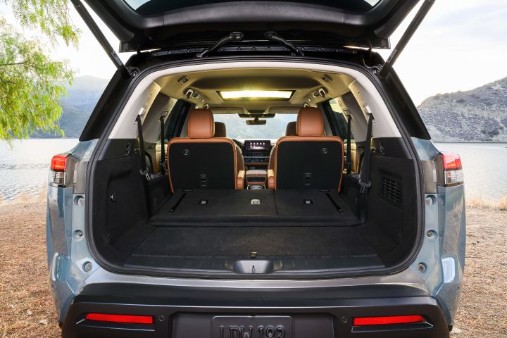 The cargo space with the seats down inside the 2026 Nissan Pathfinder.