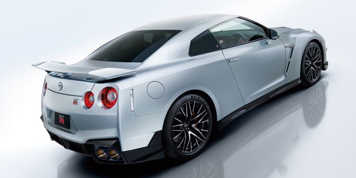 Ultimate metal silver GT‑R 2025 photo from rear side with white background
