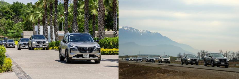 Lado izquierdo flota de 5 Nissan X‑Trail e‑POWER color gris en clima de verano. Lado derecho flota de 6 Nissan X‑Trail e‑POWER color gris en clima de invierno.