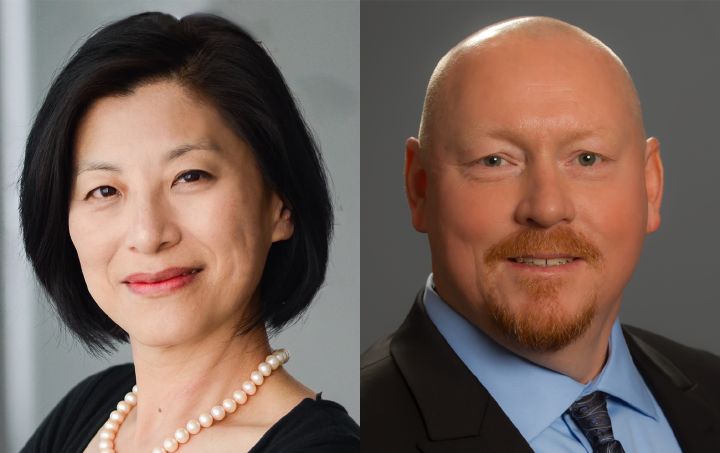 A collage of Lesley Ma and William Orange, smiling from the neck up.