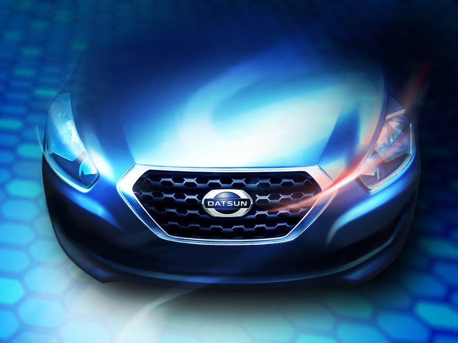 a panoramic front view of a Datsun in blended hues