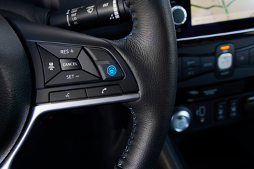 A close up of the on wheel controls in the 2019 Nissan LEAF PLUS