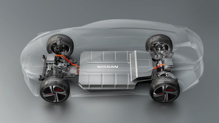 A rendering of the Nissan IMx Concept chassis with its body lines ghost overlayed on top