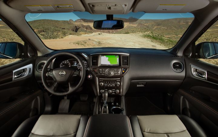 A view of the front cockpit and dashboard area in the 2019 Nissan Pathfinder Rock Creek Edition