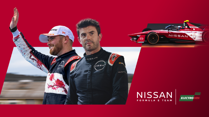 Electromin announcement graphic - Oliver Rowland and Norman Nato standing next to a Nissan Formula E Team car, with Nissan Formula E Team and Electromin logos at the bottom