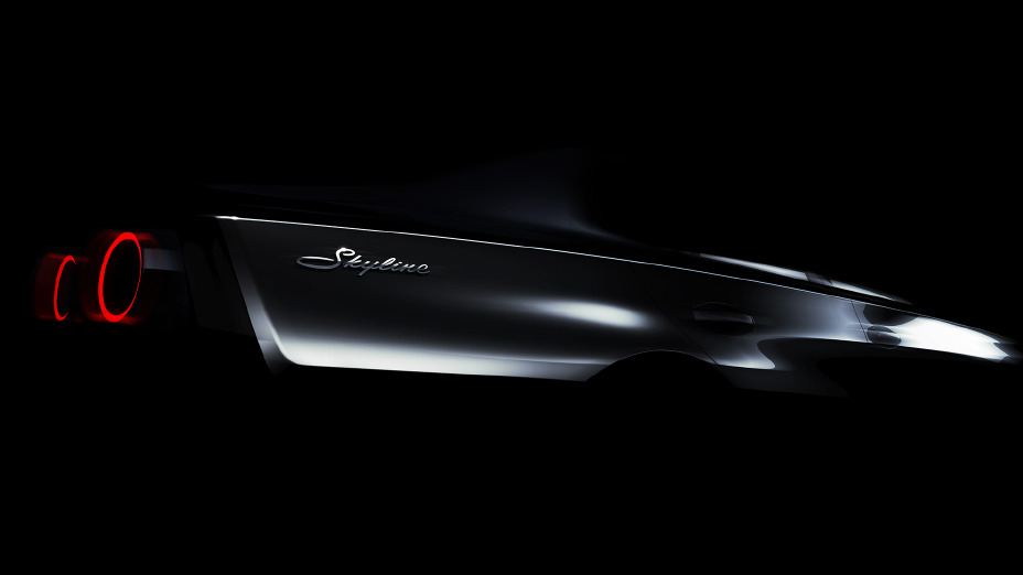 Imagem escurecida que revela parcialmente as lanternas e a lateral do novo Nissan Skyline
