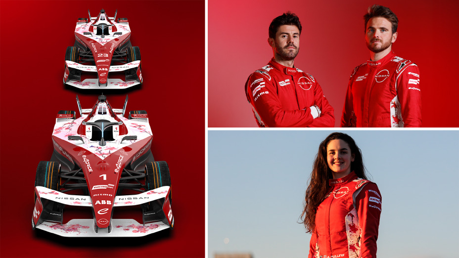 Landscape image featuring the #1 and #23 Nissan e‑4ORCE 05 on the left hand side and on the right, photos of Oliver Rowland, Norman Nato and Abbi Pulling, all in red Nissan Formula E Team race suits.