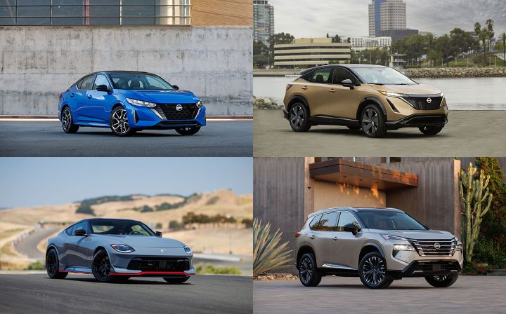 A photos collage of front right ¾ images of a Nissan Sentra, Rogue, Z and Ariya