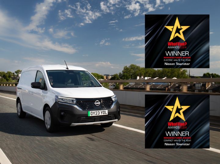 Nissan Vehicle on a road with two What Van? Awards