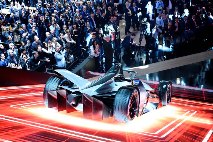 The Formula E display with the crowd behind it at Geneva