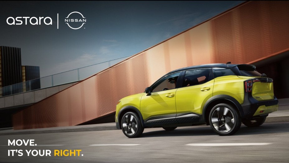 Imagen del nuevo Nissan Kicks, junto al logo de Nissan y Astara