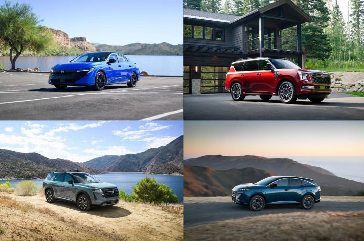 Four vehicles are pictured: a red Nissan Armada, a blue Nissan Sentra, a blue Nissan Murano, and a blue Nissan Pathfinder.