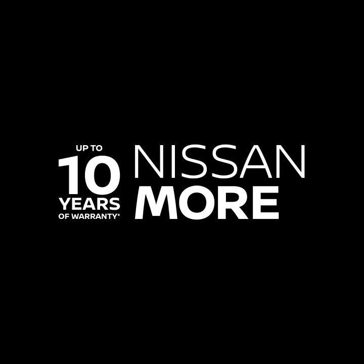 Een zwarte achtergrond met het Nissan-logo en de tekst "Up to 10 years of warranty - Nissan More in witte letters