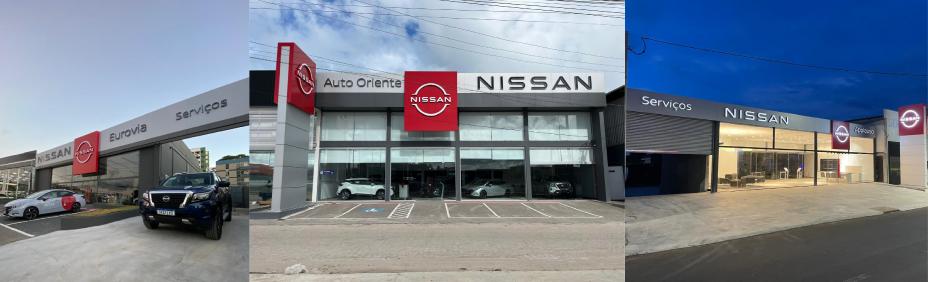 Mosaico com três fotos de concessionárias Nissan: à esquerda, fachada da Eurovia em Salvador; ao centro, Auto Oriente em Cabedelo; à direita, unidade com placa "Serviços" e logo Nissan, em Botucatu