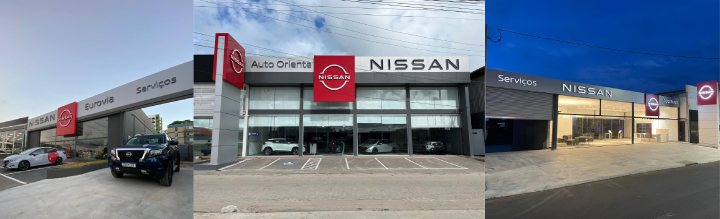 Mosaico com três fotos de concessionárias Nissan: à esquerda, fachada da Eurovia em Salvador; ao centro, Auto Oriente em Cabedelo; à direita, unidade com placa "Serviços" e logo Nissan, em Botucatu