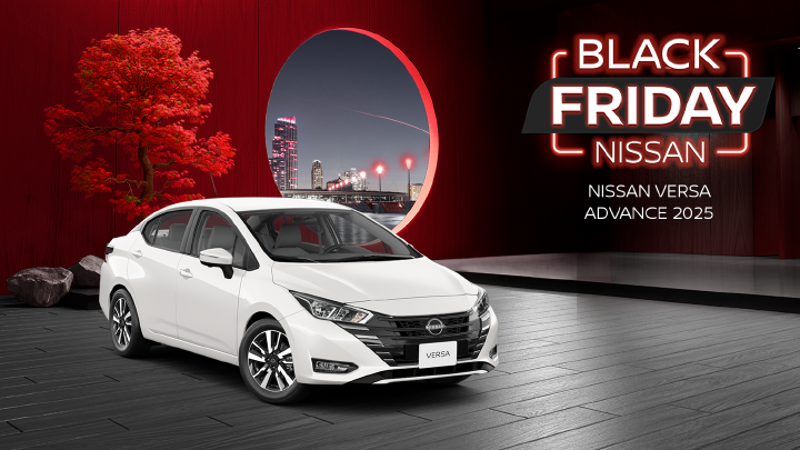 Pôster promocional da Black Friday Nissan com o modelo Versa na cor branca em destaque