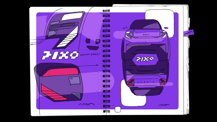 Illustrated sketchbook spread presents car design studies in front, rear, and side views. Purple panels, black linework, white highlights, spiral binding, technical annotations, and repeated “PIXO” markings emphasize concept-development process.