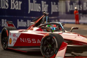 Front-right angle of Formula E racer with Nissan logo showing