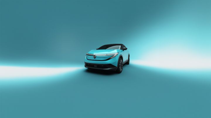2025 All new Nissan LEAF ¾ exterior in blue color and black roof – YouTube banner version