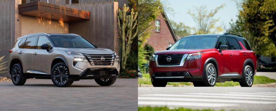 A photo collage of to angled view of the Nissan Rogue and Pathfinder.