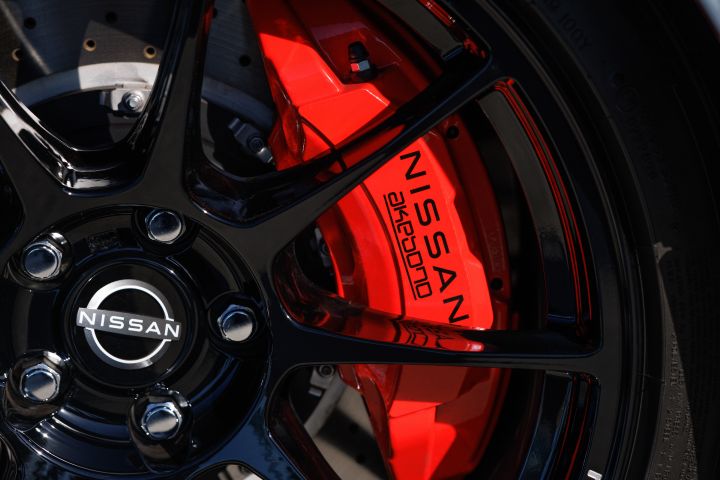 Close up of the rim and red Nissan brake caliper on the 2027 Nissan Z NISMO MT.