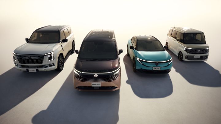 Four car line-up of Nissan vehicles  - Patrol, Elgrand, Leaf, and Roox Kei car