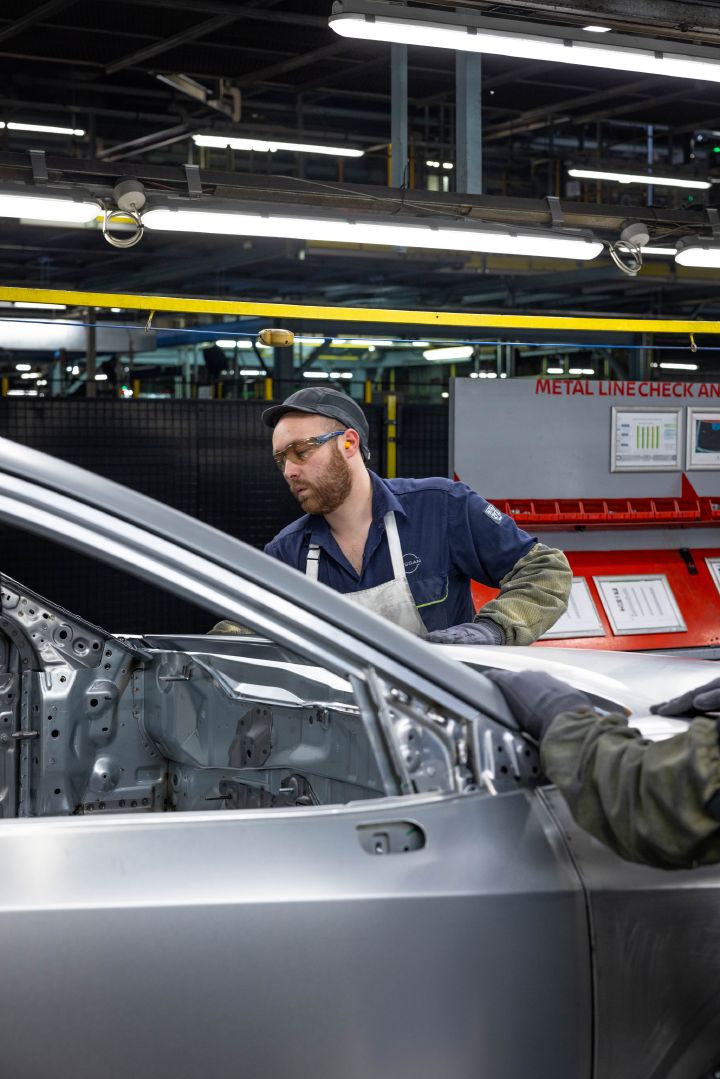 A Qashqai being inspected on metal line in Body Shop at Nissan Sunderland Plant.