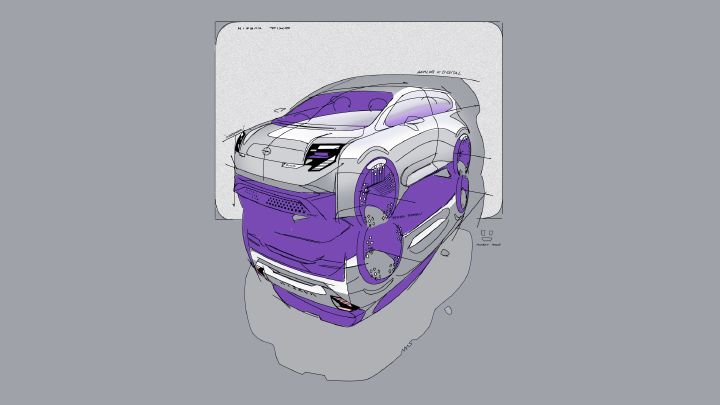 Automotive concept sketch presents a futuristic electric crossover design from front and rear three-quarter views. White and purple bodywork, sculpted panels, enclosed wheels, angular headlights, panoramic roof, and aerodynamic detailing emphasize experimental styling.